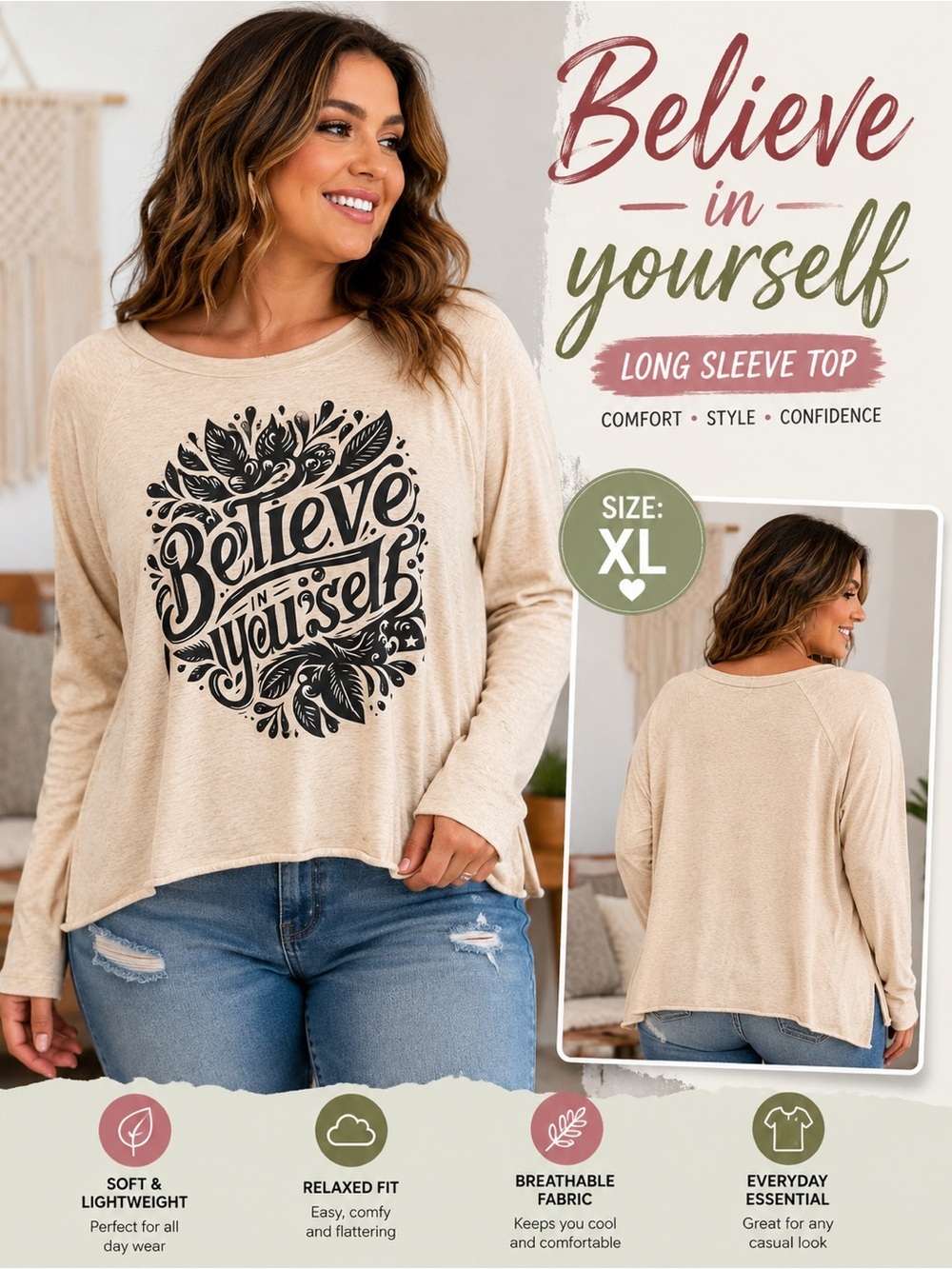 Ever hottie Believe in Yourself Cream Graphic Long-Sleeve Top XL